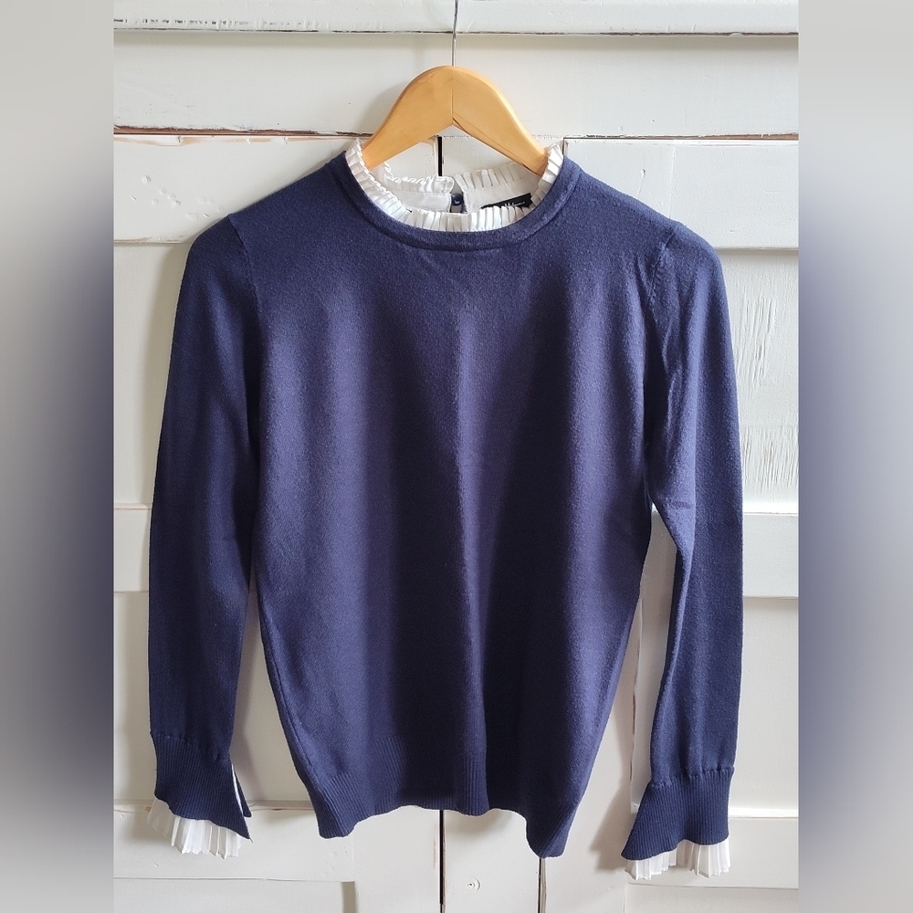 Vila Milano Navy Sweater | White Ruffle Trim Collar And Cuffs | Wool Blend | Sm